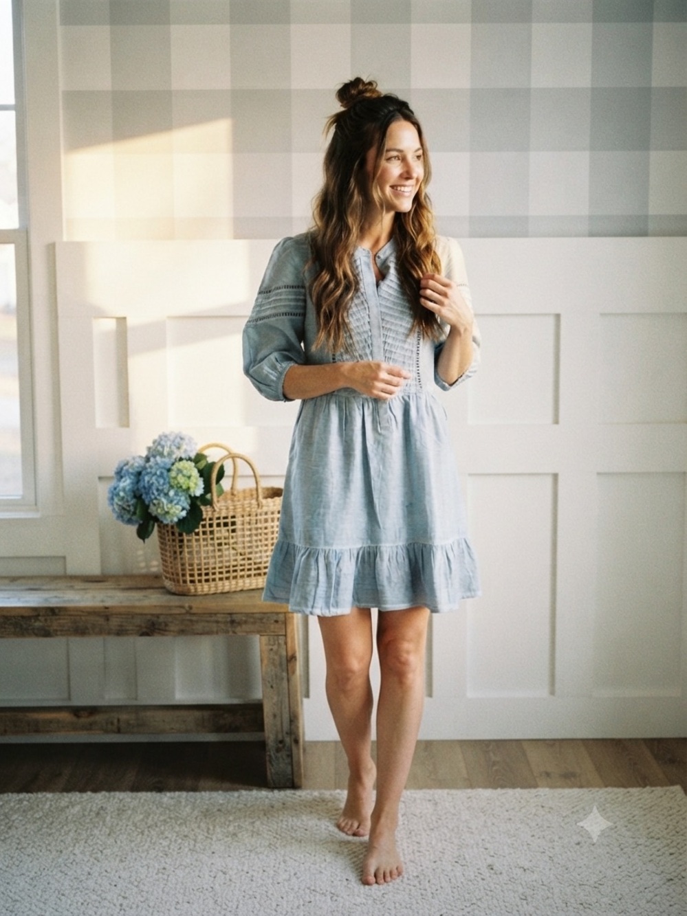 Guess Soft Blue Pintuck Tiered Mini Dress Small